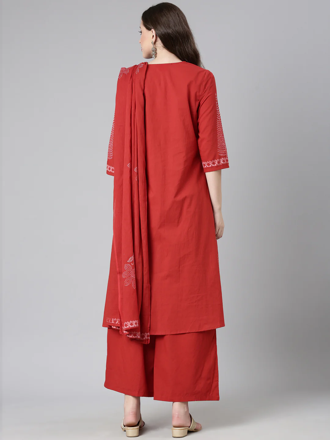 Neerus Red Printed A-Line Kurta and Trousers With Dupatta - Image 3