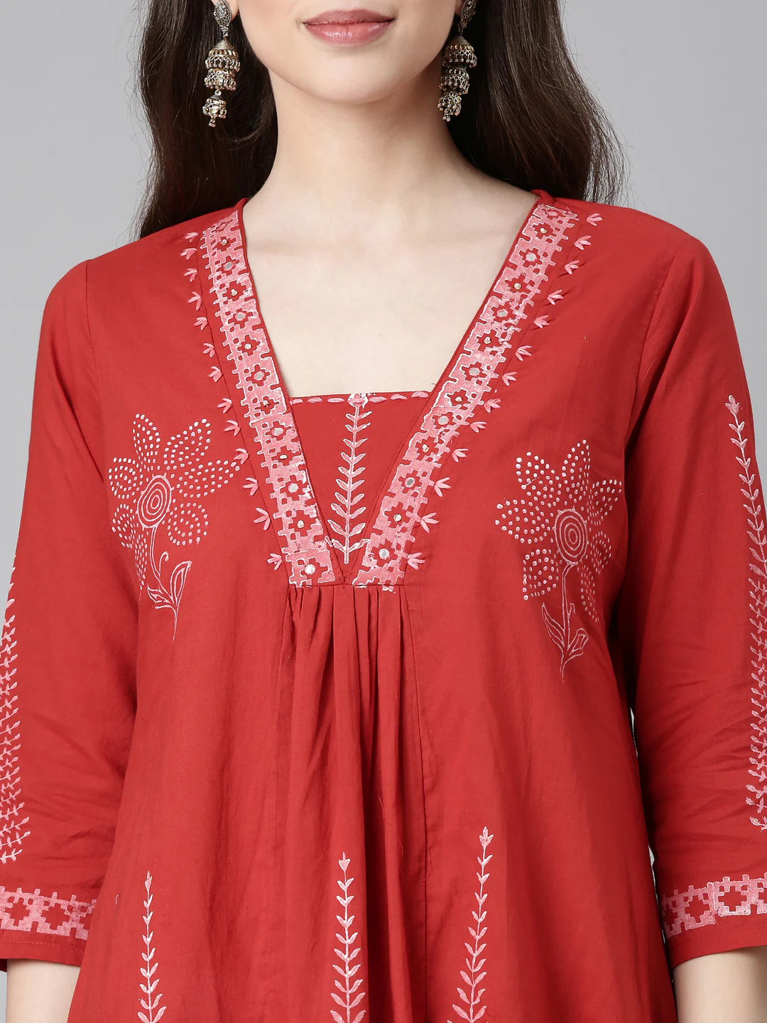 Neerus Red Printed A-Line Kurta and Trousers With Dupatta - Image 4