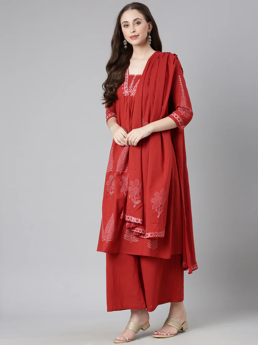 Neerus Red Printed A-Line Kurta and Trousers With Dupatta - Image 5