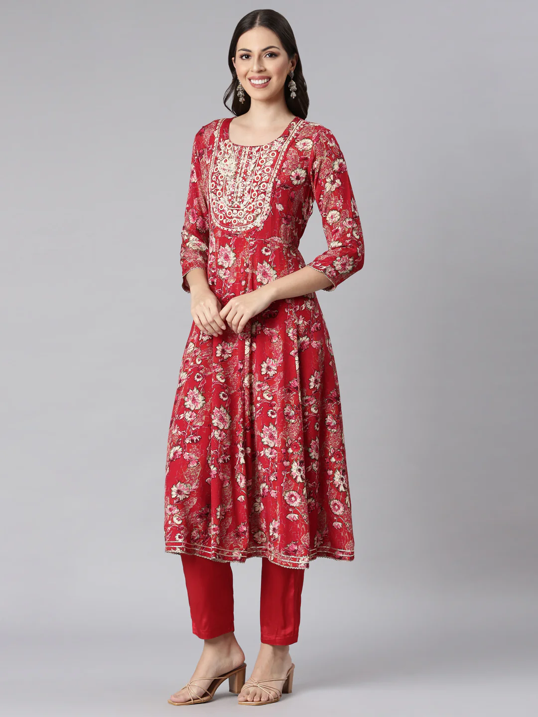 Neerus Red Printed Anarkali Kurta and Trousers With Dupatta - Image 2