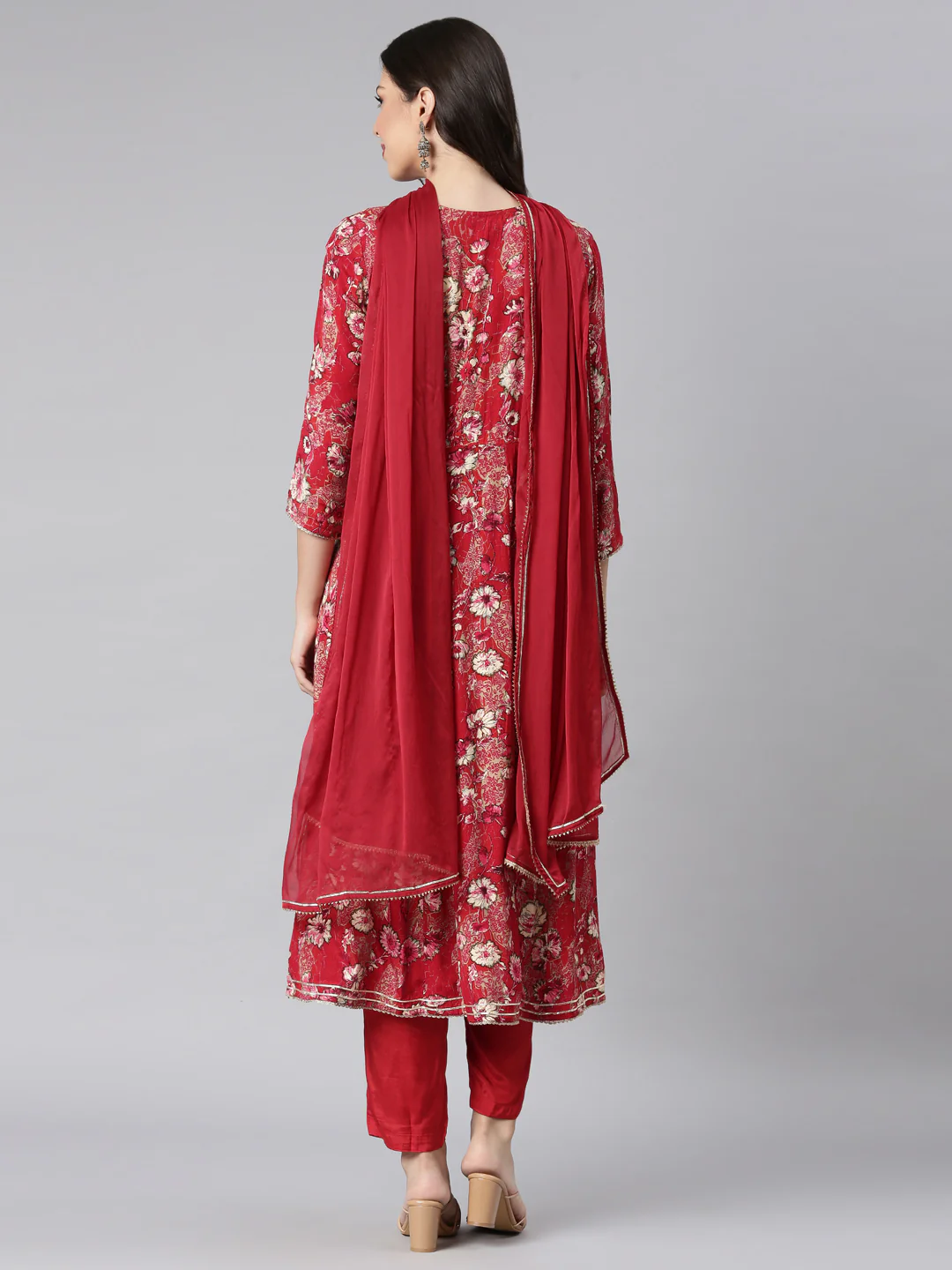 Neerus Red Printed Anarkali Kurta and Trousers With Dupatta - Image 3