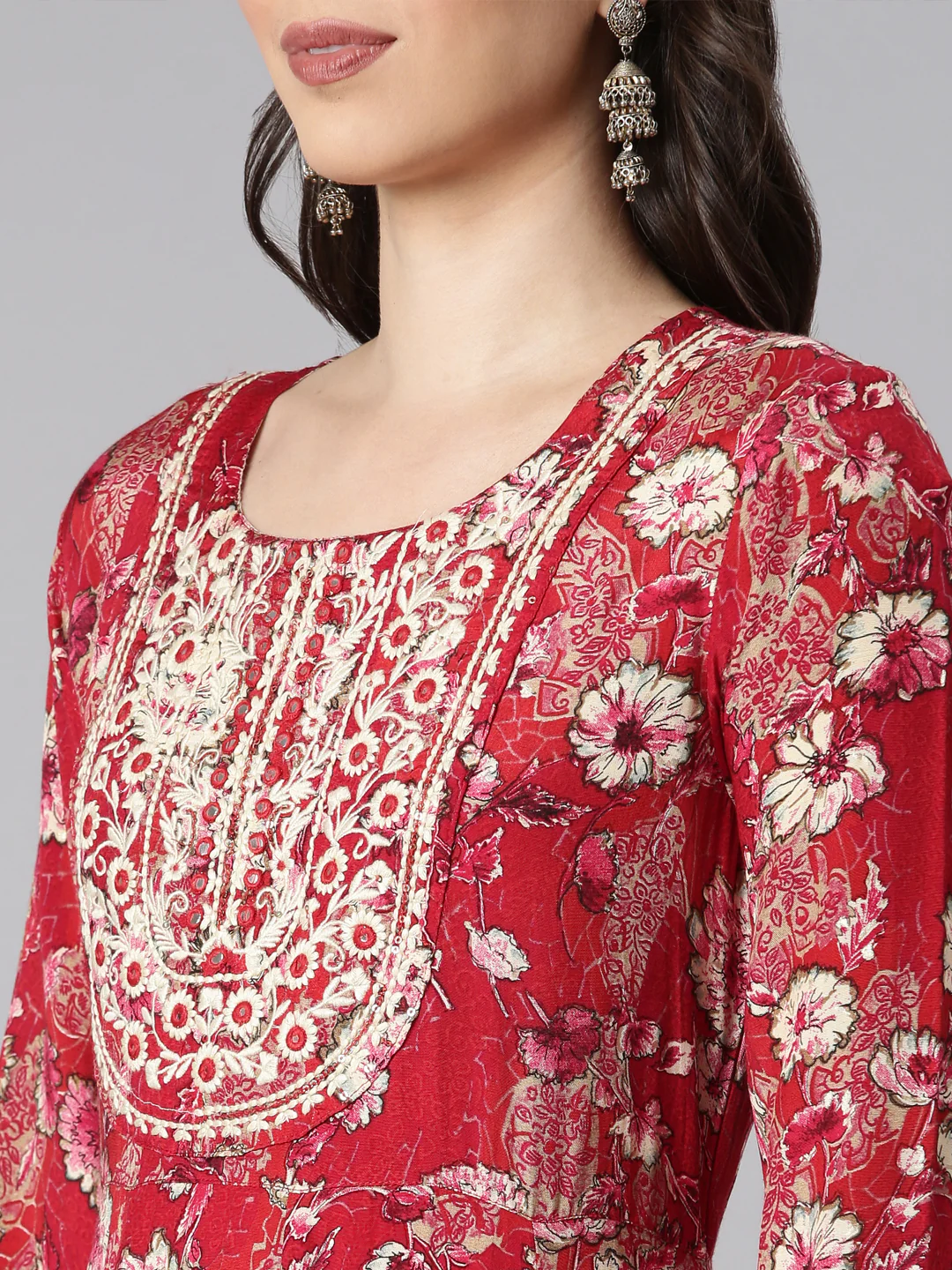 Neerus Red Printed Anarkali Kurta and Trousers With Dupatta - Image 4