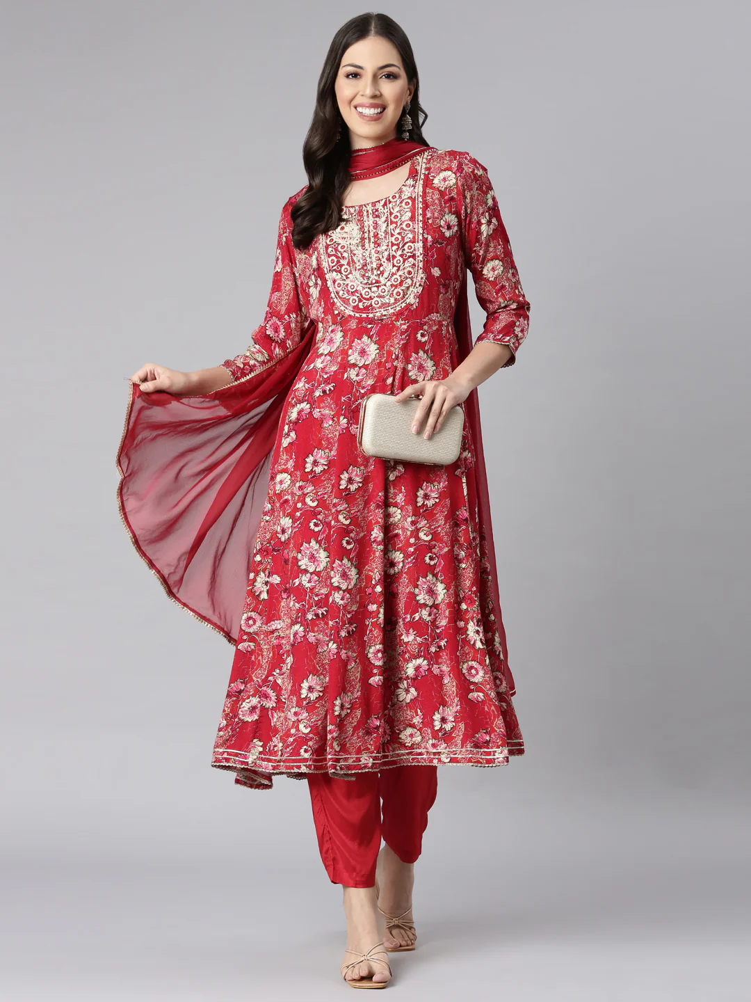 Neerus Red Printed Anarkali Kurta and Trousers With Dupatta - Image 5