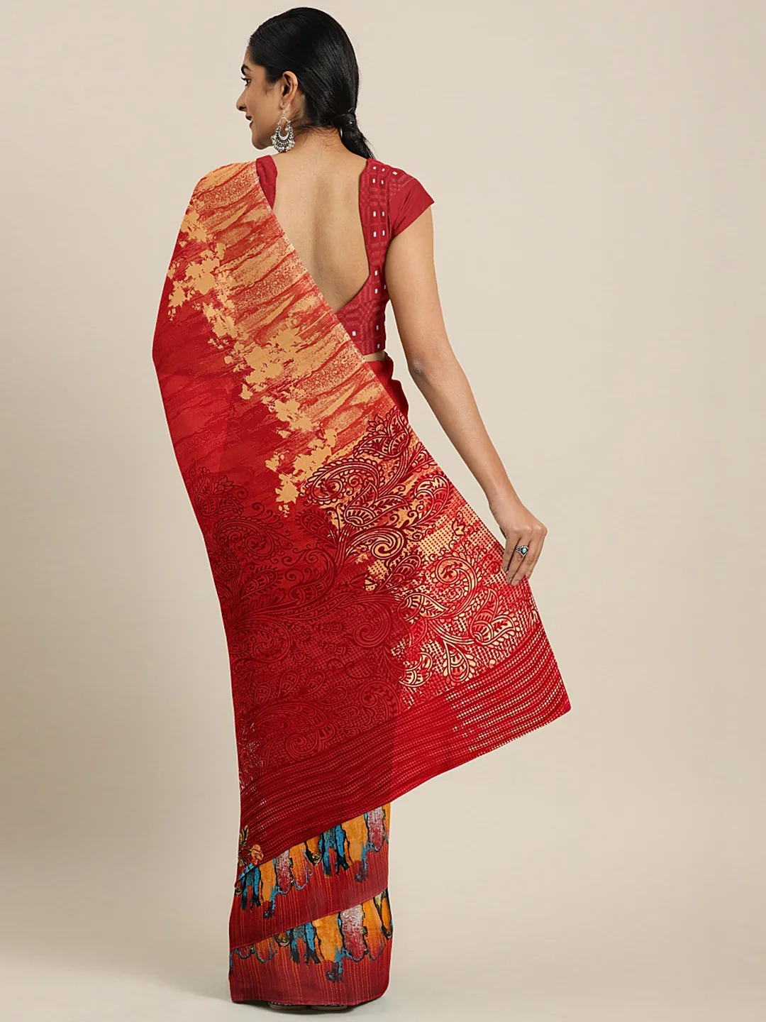 Neerus Red Printed Saree With Blouse - Image 2