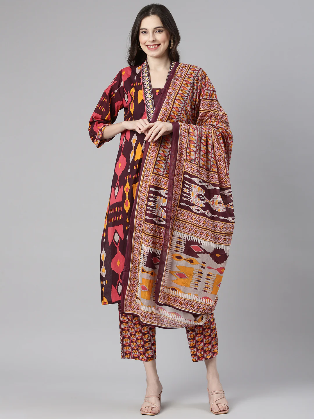 Neerus Red Printed Straight Kurta and Trousers With Dupatta