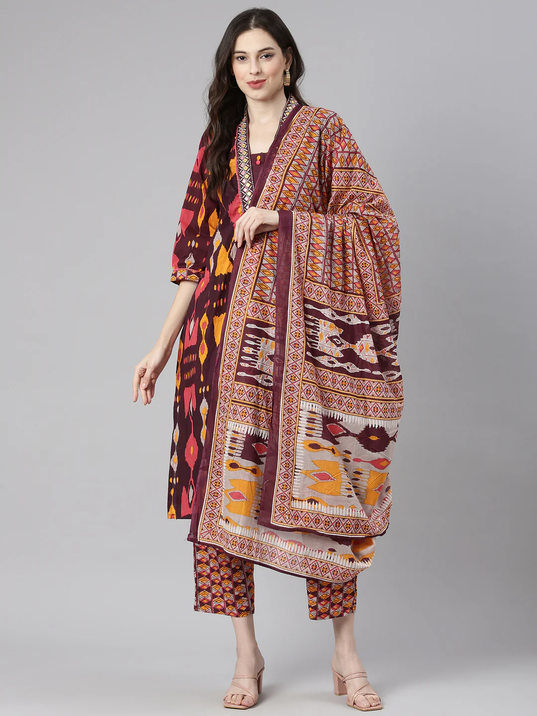 Neerus Red Printed Straight Kurta and Trousers With Dupatta - Image 5