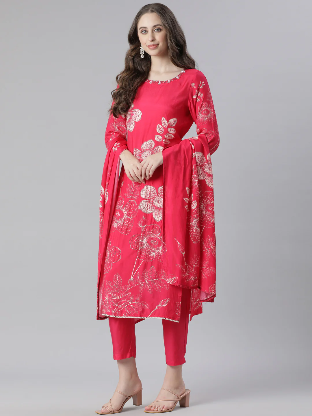 Neerus Red Printed Straight Kurta and Trousers With Dupatta - Image 5