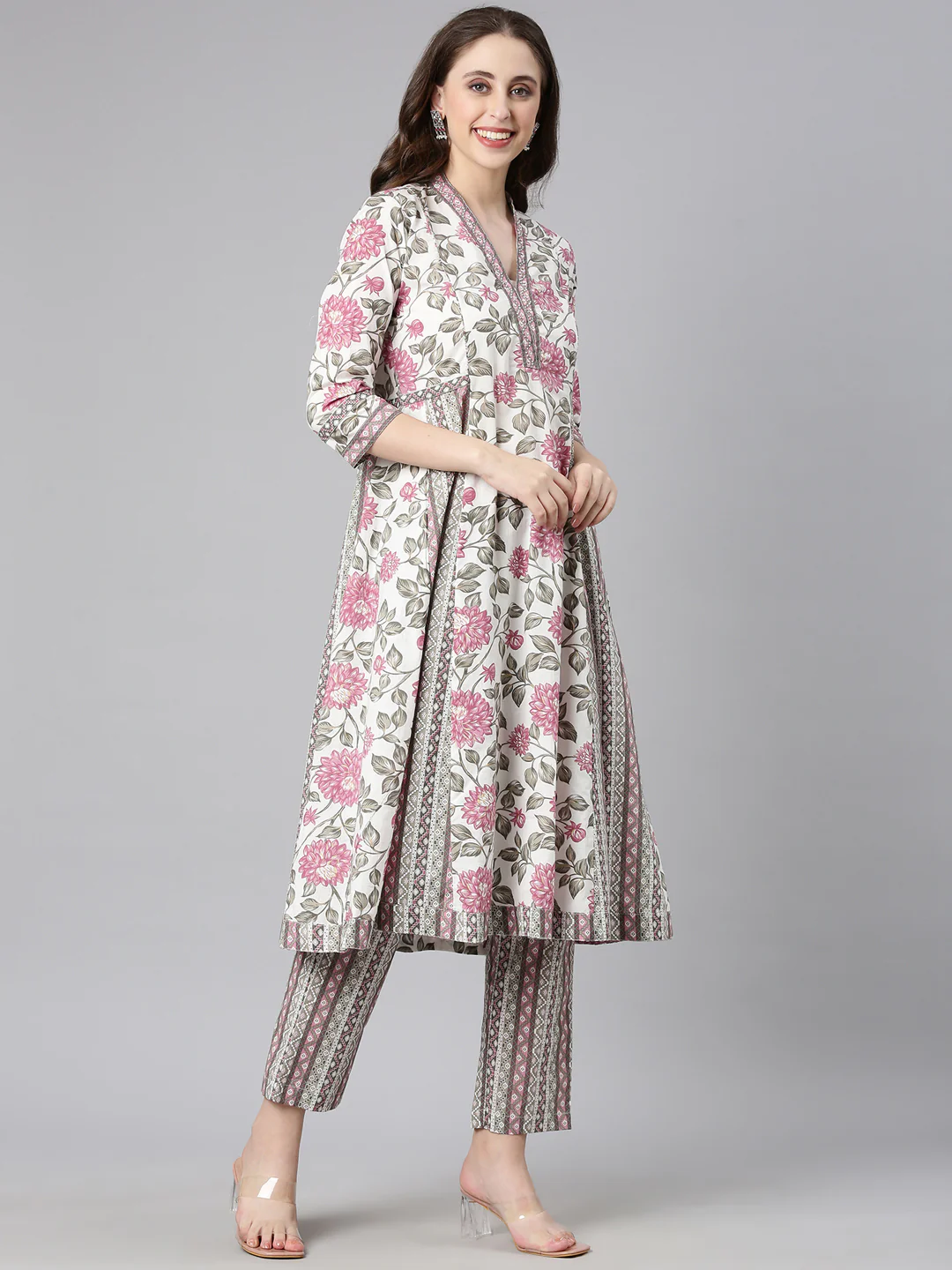 Neerus Off white Printed Anarkali Kurta and Trousers With Dupatta - Image 2