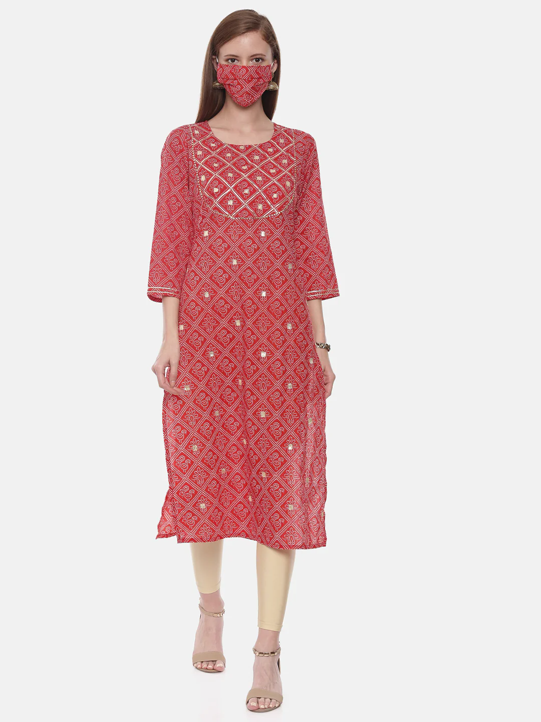 Neerus Red Printed Straight Kurta With Mask
