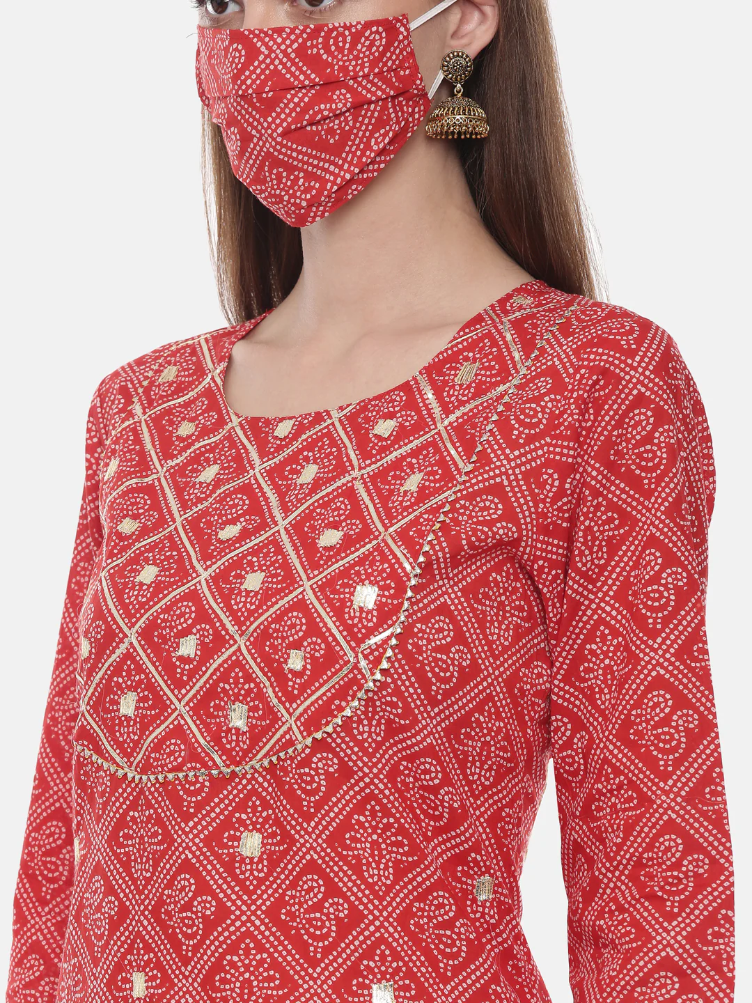 Neerus Red Printed Straight Kurta With Mask - Image 2