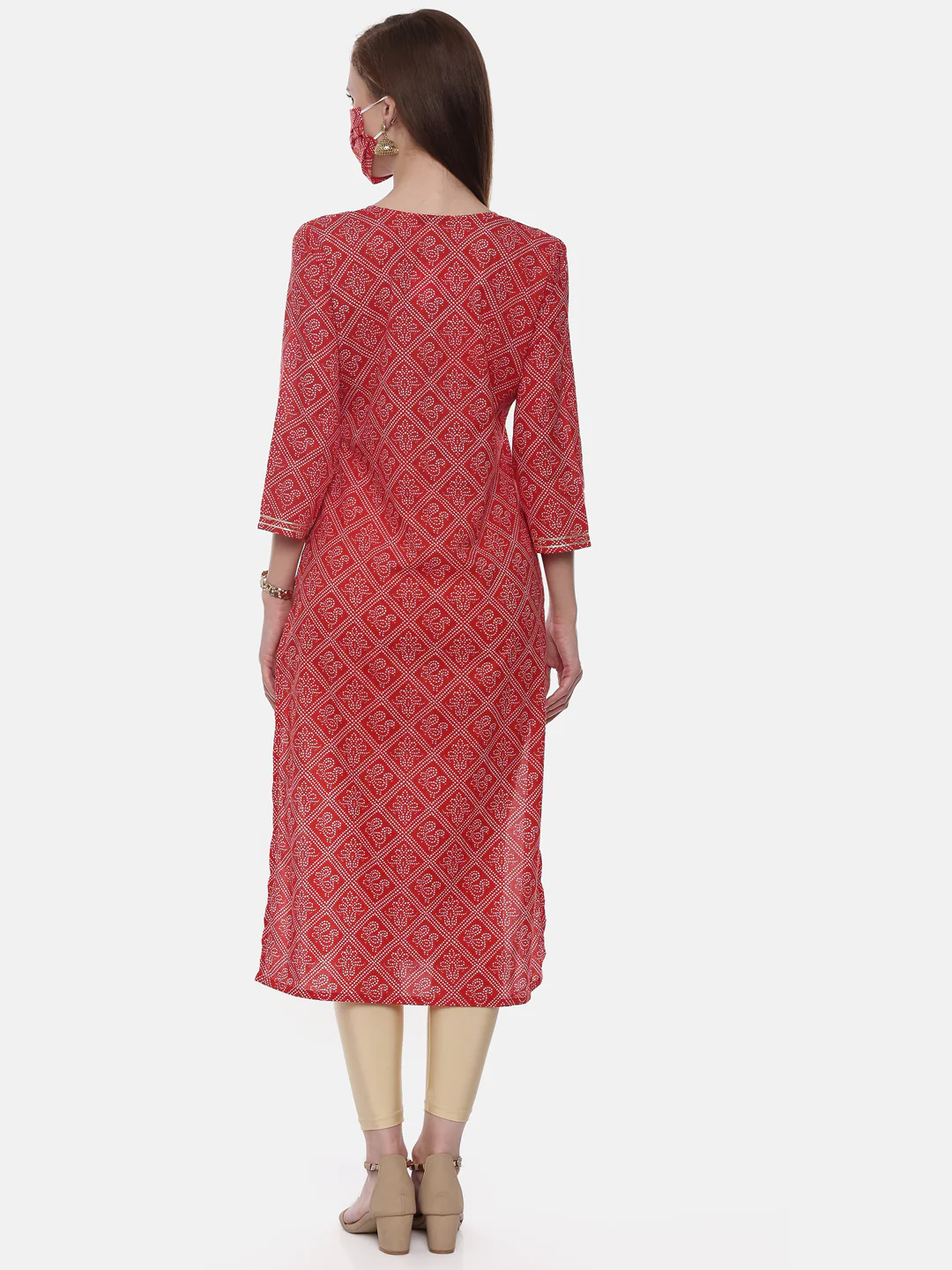 Neerus Red Printed Straight Kurta With Mask - Image 5