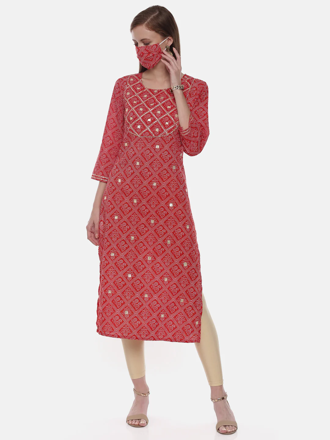 Neerus Red Printed Straight Kurta With Mask - Image 6