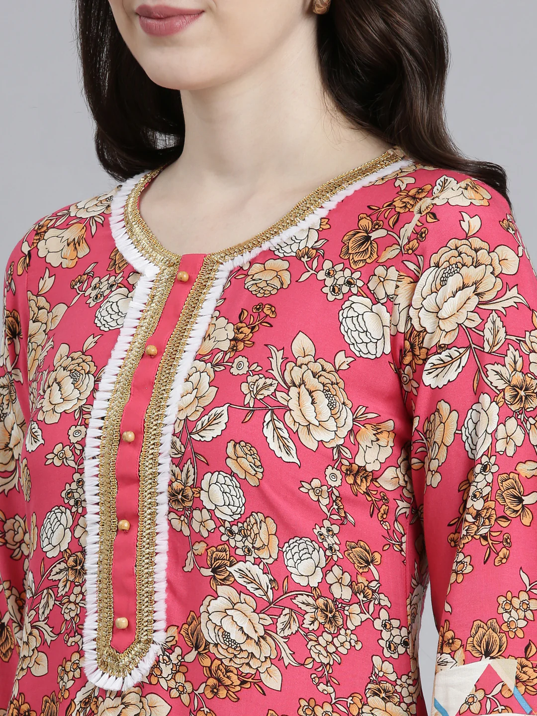 Neerus Red Regular A-Line Printed Kurta - Image 4