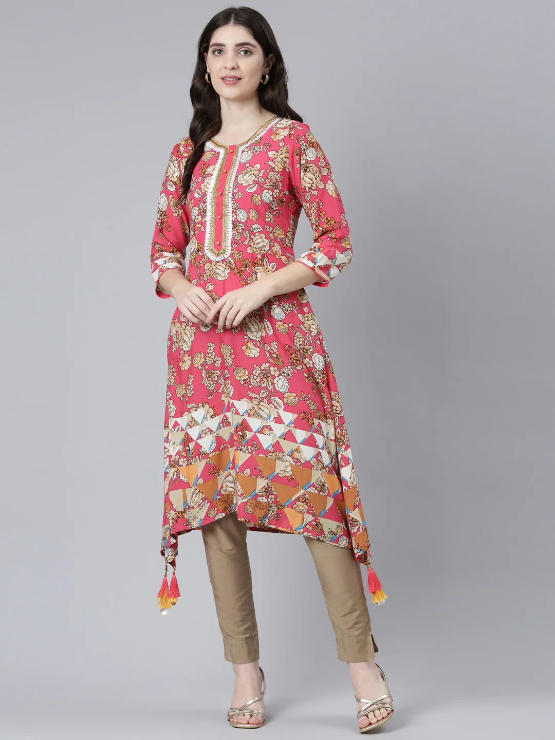 Neerus Red Regular A-Line Printed Kurta - Image 5