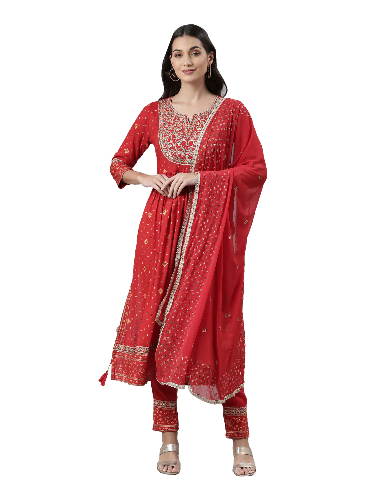 Neerus Red Regular Calf Length Printed Kurta Printed Trousers With Dupatta