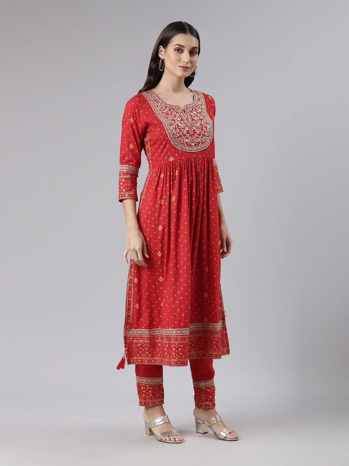 Neerus Red Regular Calf Length Printed Kurta Printed Trousers With Dupatta - Image 2