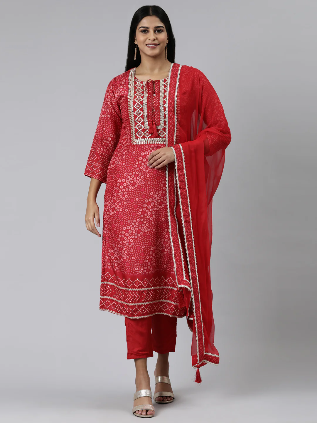 Neerus Red Regular Calf Length Printed Kurta Solid Trousers With Dupatta