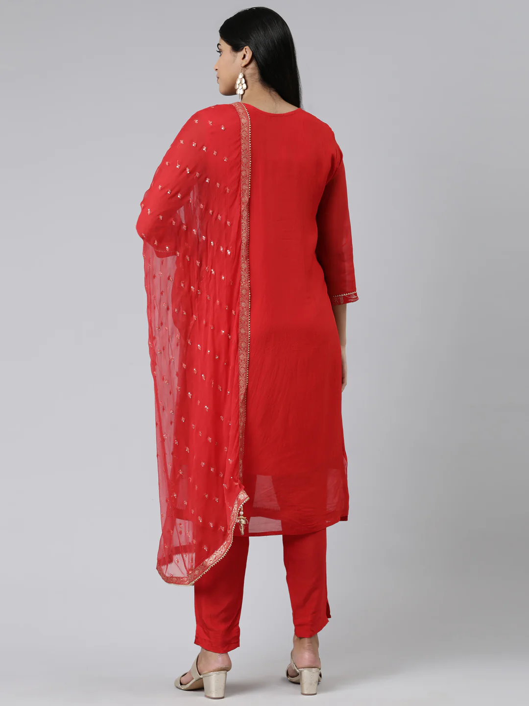 Neerus Red Regular Calf Length Printed Kurta Solid Trousers With Dupatta - Image 3