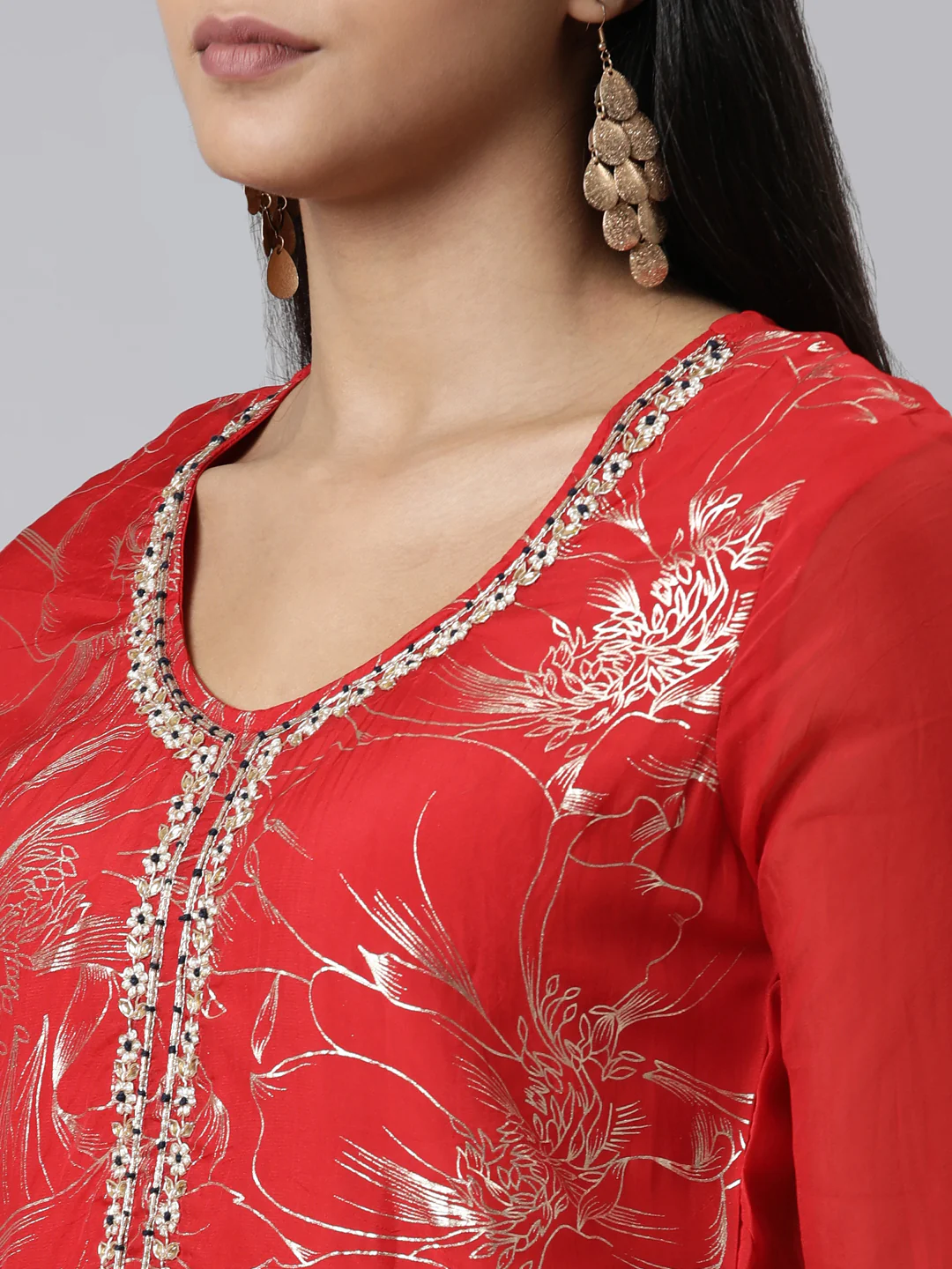Neerus Red Regular Calf Length Printed Kurta Solid Trousers With Dupatta - Image 4