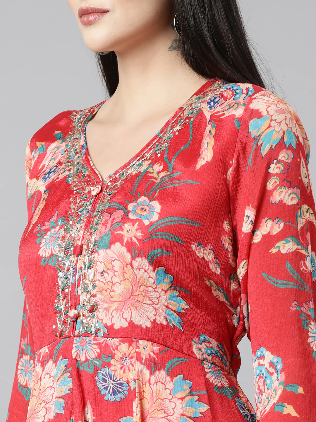 Neerus Red Regular Flared Floral Kurta And Trousers With Dupatta - Image 4