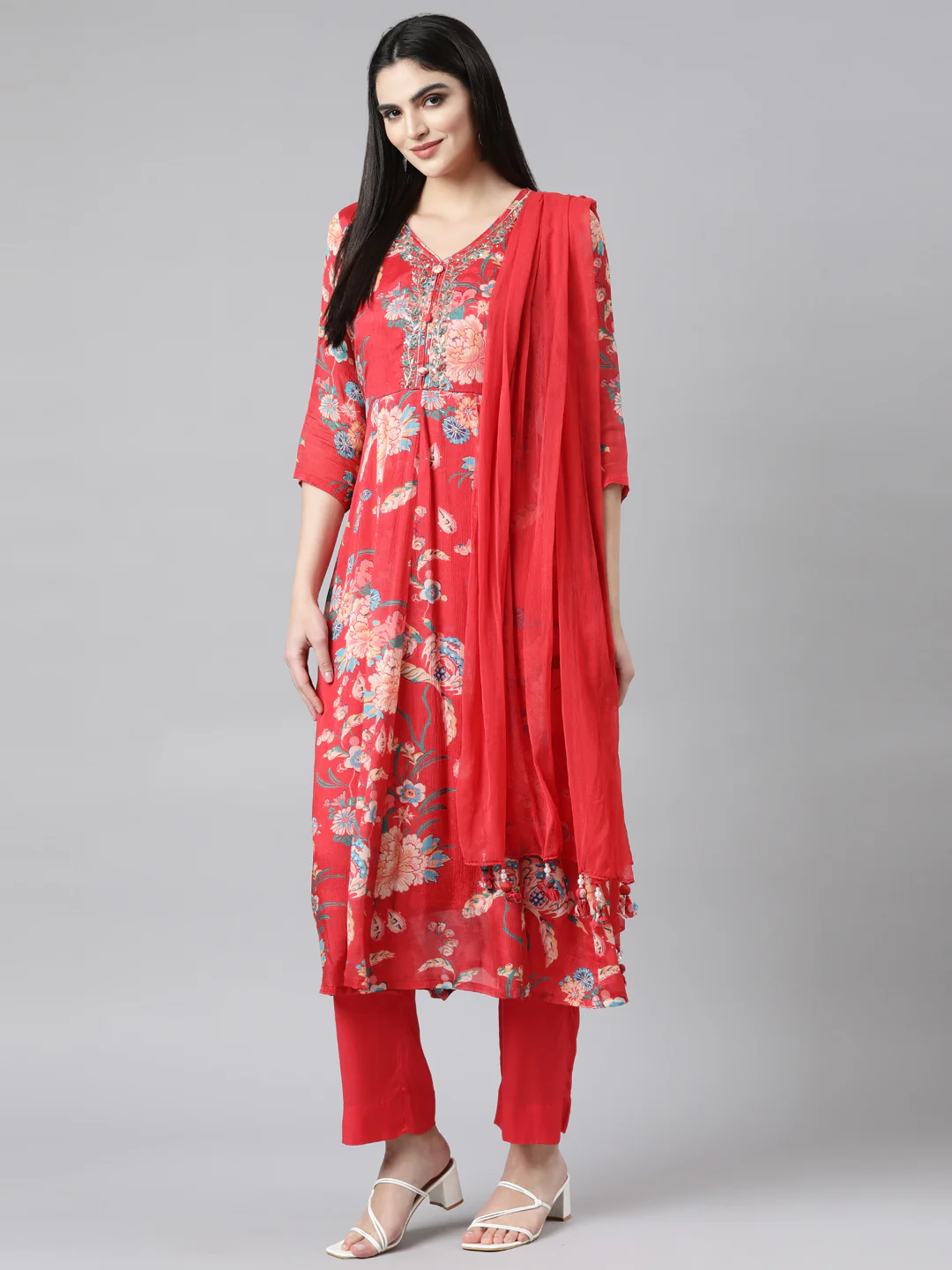 Neerus Red Regular Flared Floral Kurta And Trousers With Dupatta - Image 5