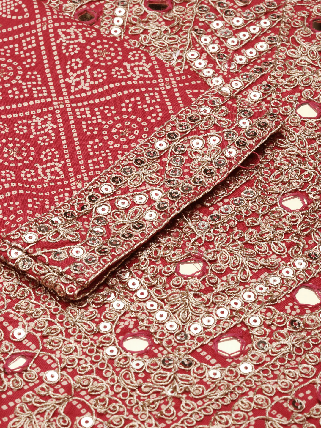 Neerus Red Regular Knee Length Printed Kurta Embroidered Trousers With Dupatta - Image 5