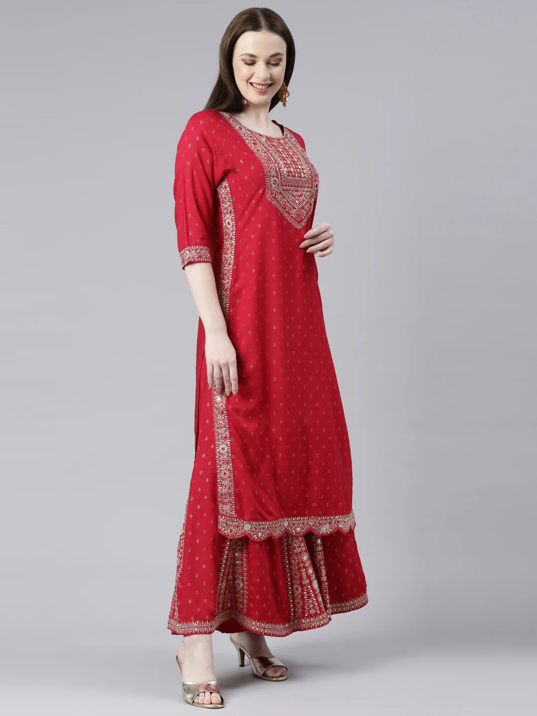 Neerus Red Regular Knee Length Printed Kurta Printed Sharara With Dupatta - Image 2