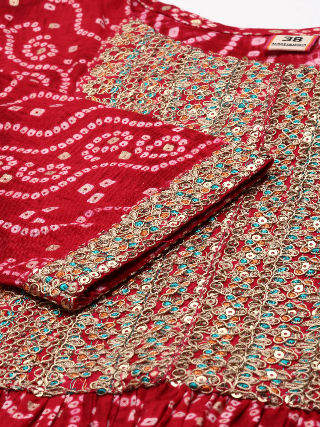 Neerus Red Regular Knee Length Printed Kurta Printed Trousers With Dupatta - Image 4