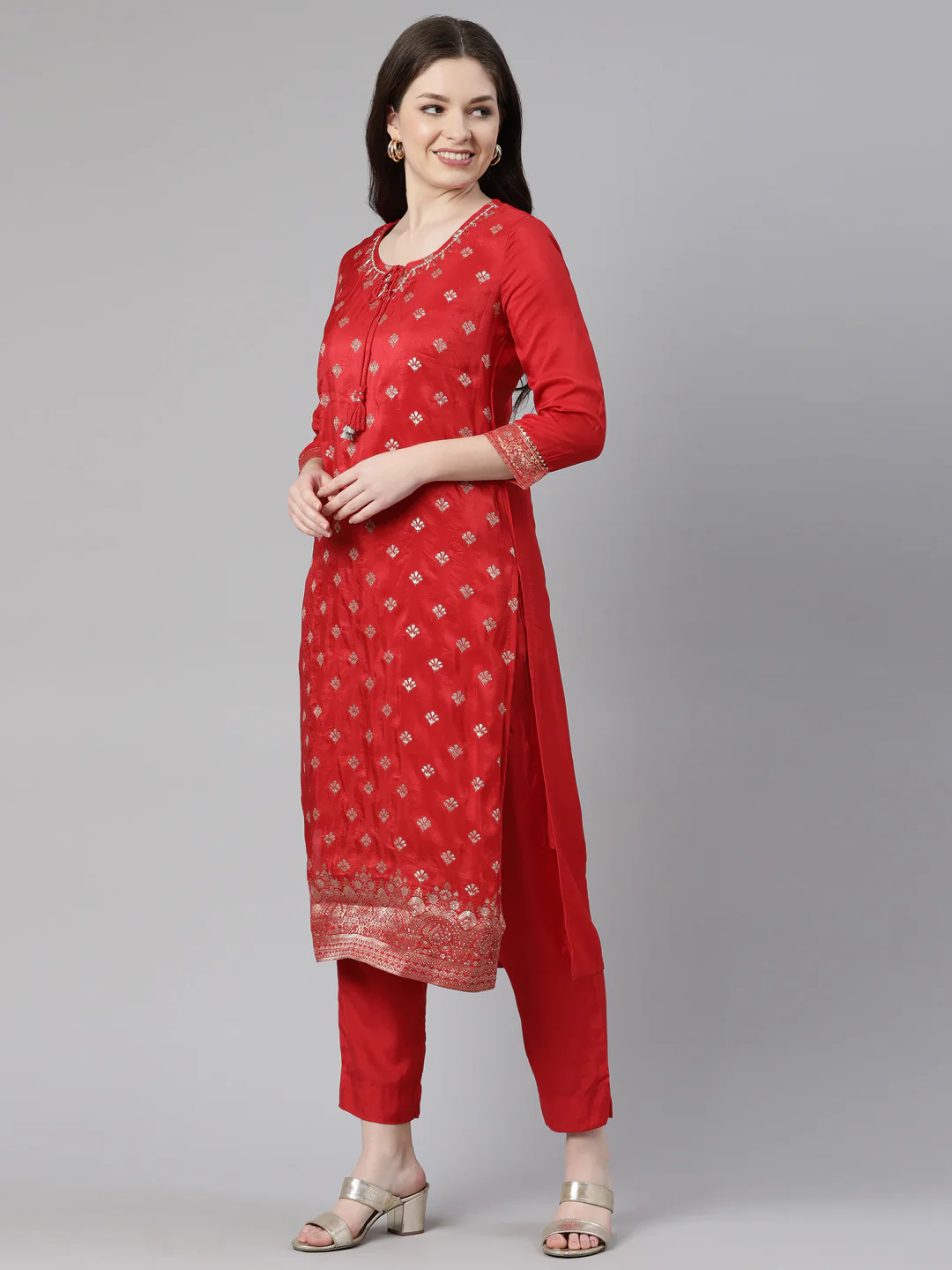 Neerus Red Regular Knee Length Printed Kurta Solid Trousers With Dupatta - Image 2