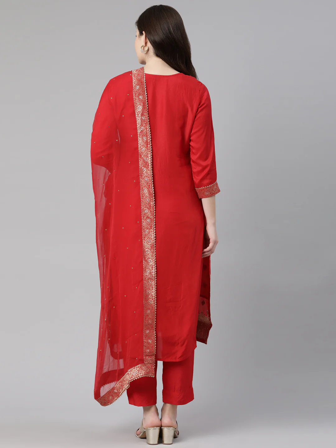 Neerus Red Regular Knee Length Printed Kurta Solid Trousers With Dupatta - Image 3