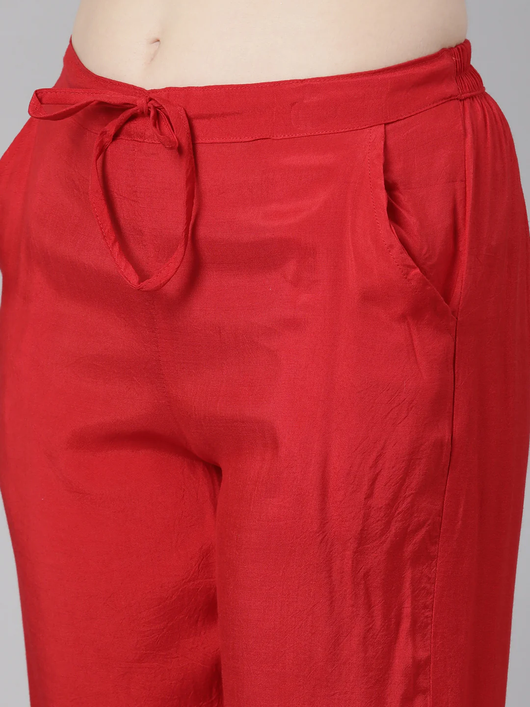 Neerus Red Regular Knee Length Printed Kurta Solid Trousers With Dupatta - Image 6