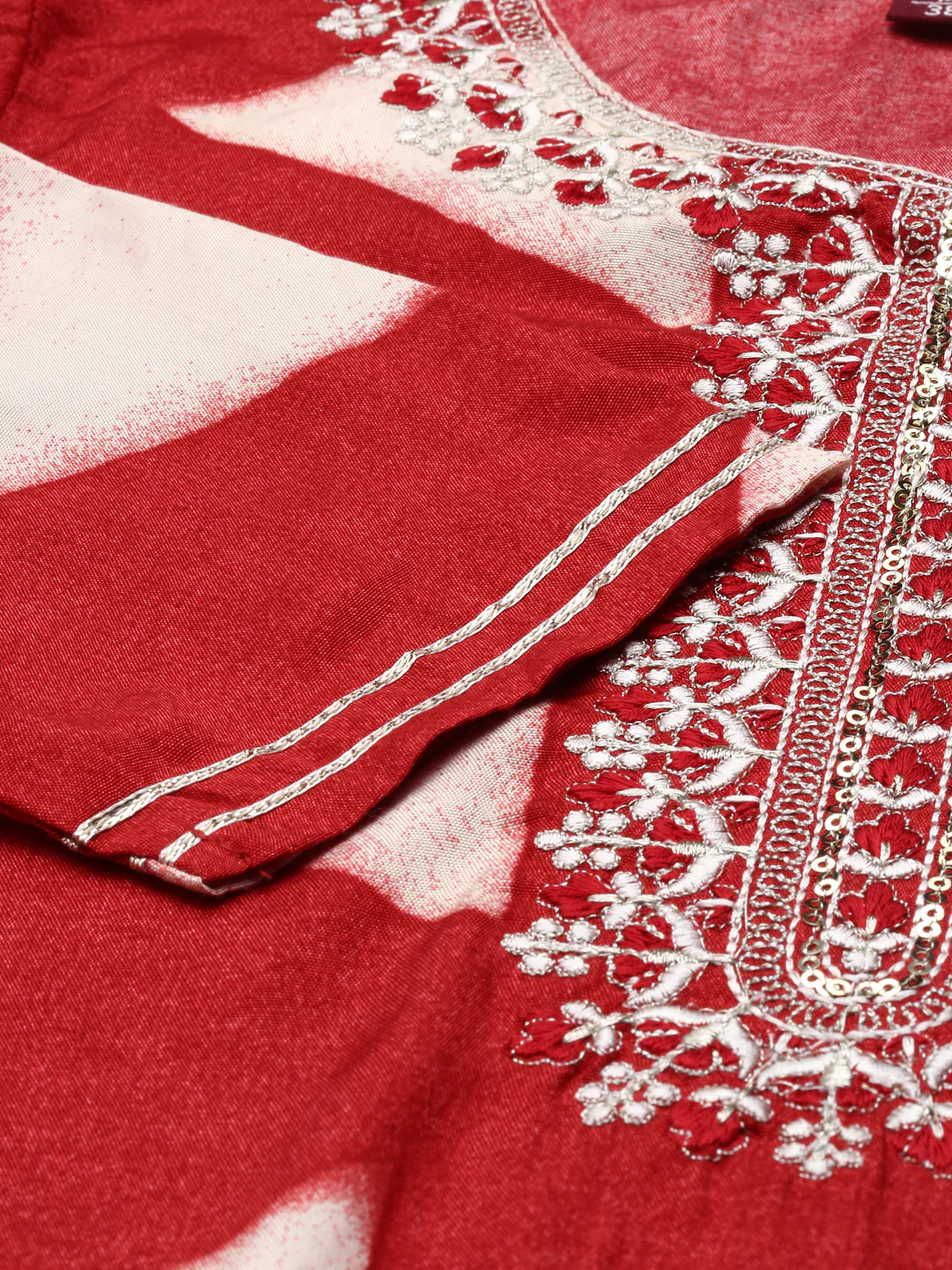 Neerus Red Regular Knee Length Solid Kurta Solid Trousers With Dupatta - Image 4