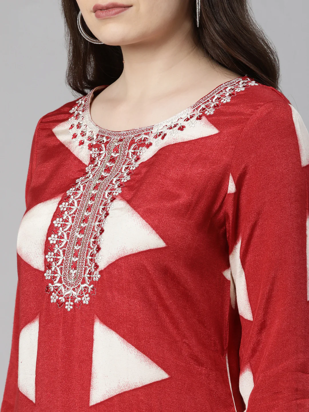 Neerus Red Regular Knee Length Solid Kurta Solid Trousers With Dupatta - Image 5