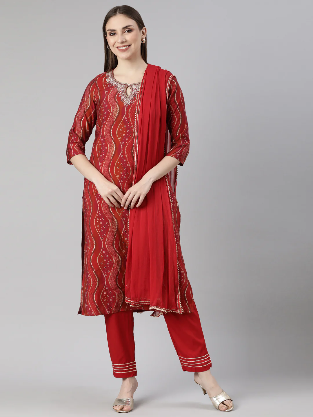 Neerus Red Regular Straight Bandhani Kurta And Trousers With Dupatta