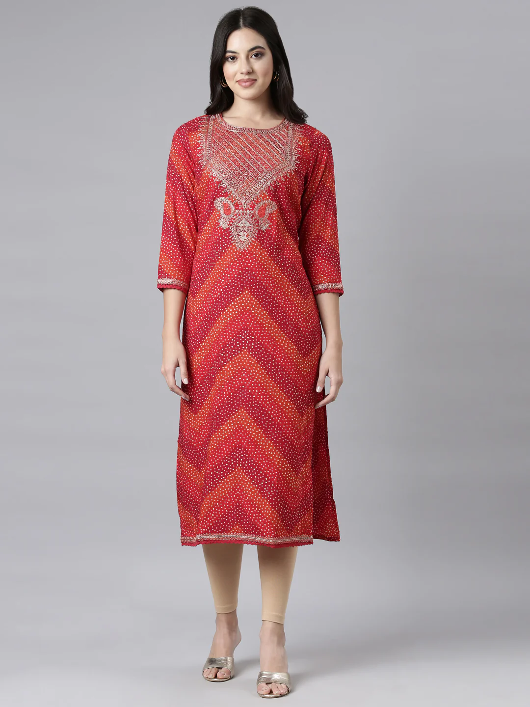 Neerus Red Regular Straight Bandhani Kurta