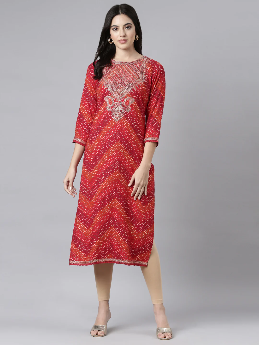 Neerus Red Regular Straight Bandhani Kurta - Image 5