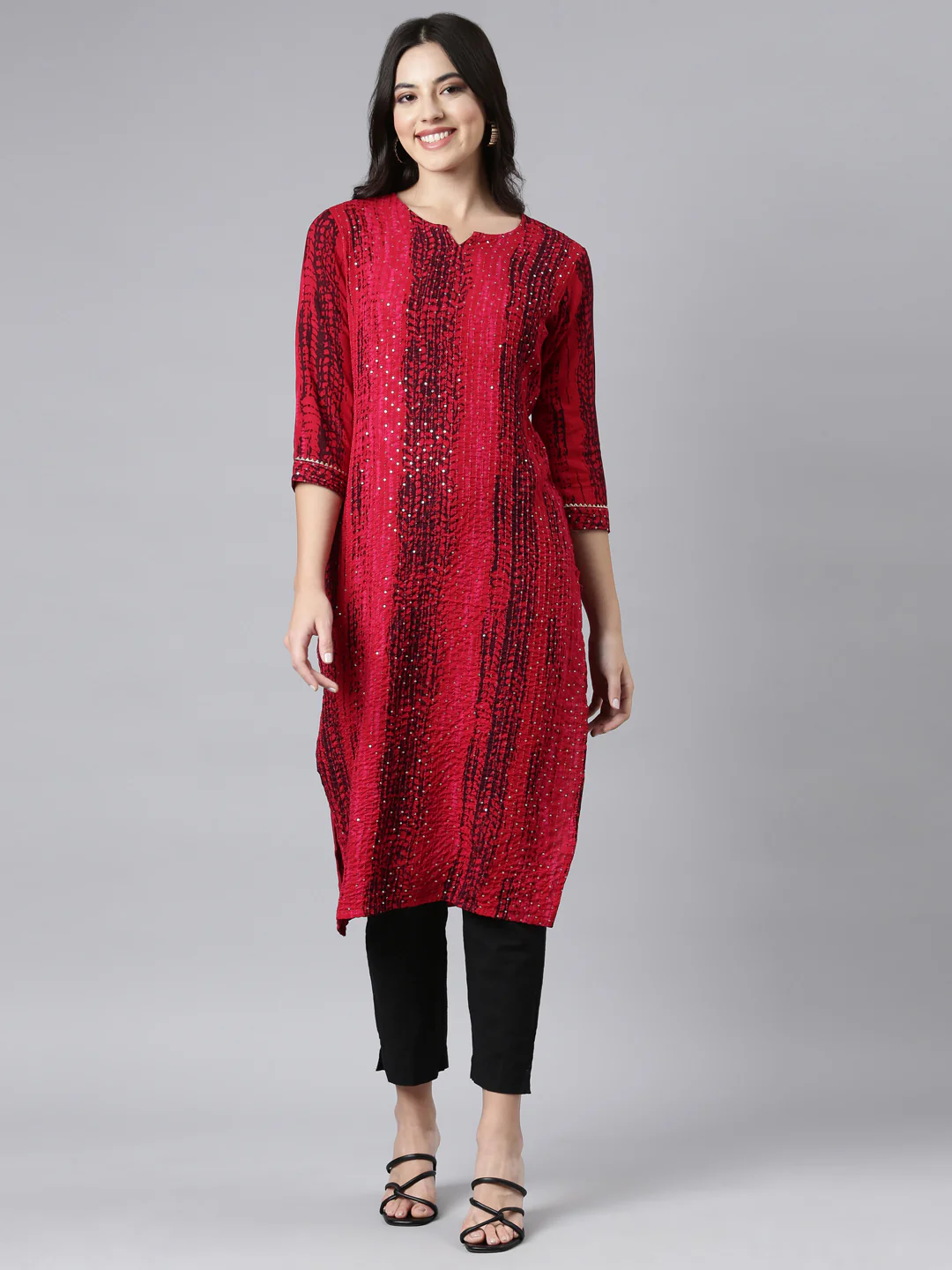 Neerus Red Regular Straight Embellished Kurta