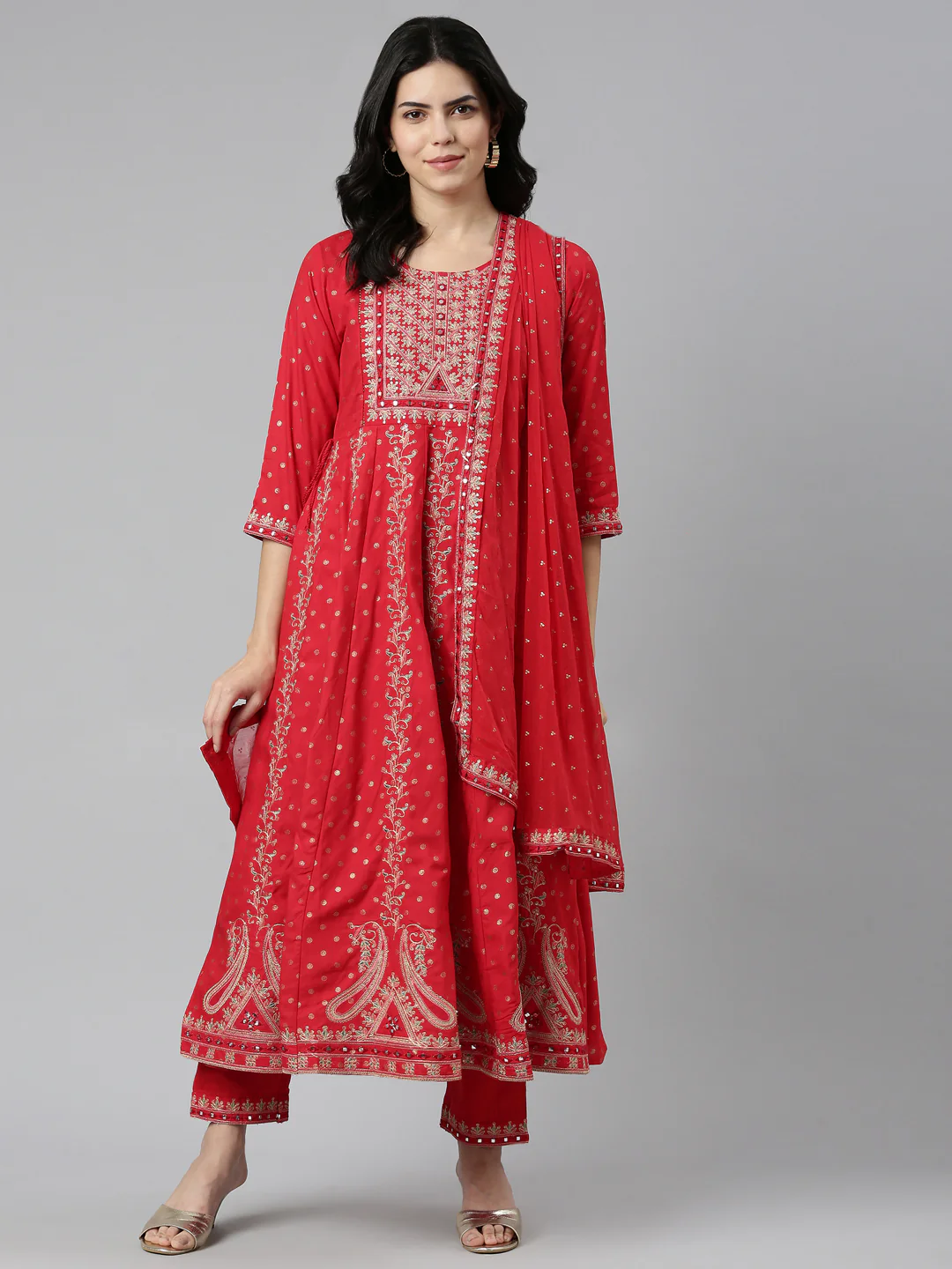 Neerus Red Regular Straight Embroidered Kurta And Trousers With Dupatta - Image 5
