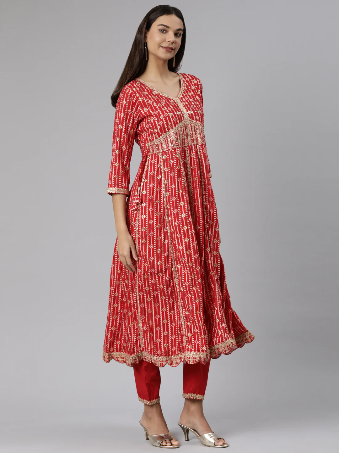 Neerus Red Regular Straight Floral Kurta And Trousers With Dupatta - Image 2