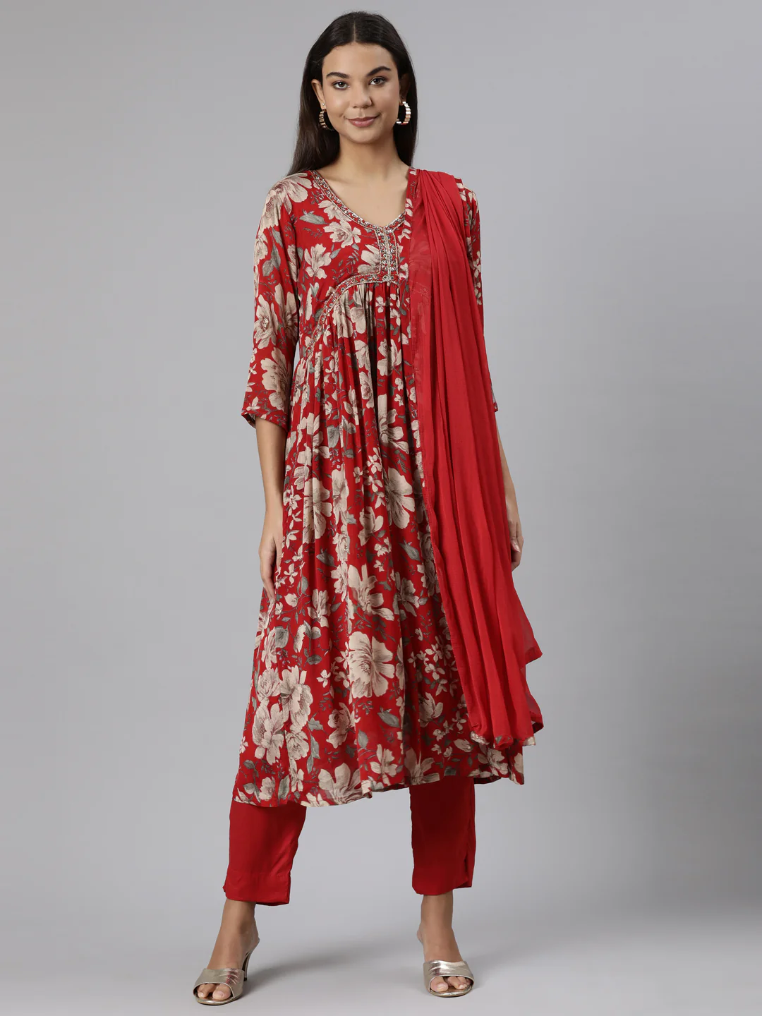Neerus Red Regular Straight Floral Kurta And Trousers With Dupatta