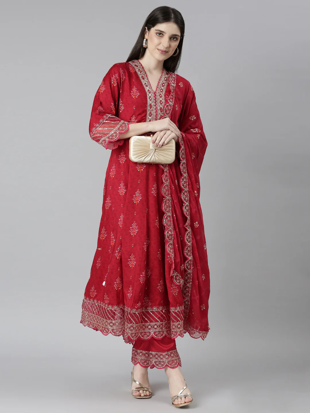 Neerus Red Regular Straight Floral Kurta And Trousers With Dupatta - Image 5