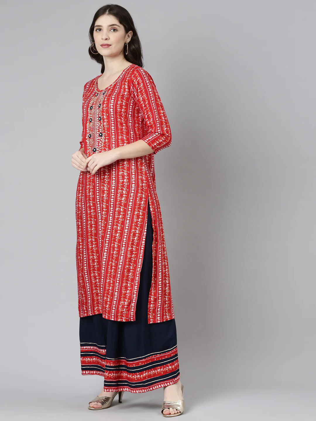 Neerus Red Regular Straight Printed Kurta And Palazzos With Dupatta - Image 2
