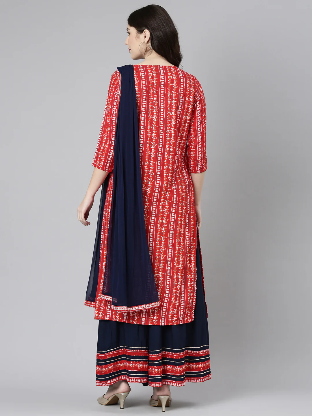 Neerus Red Regular Straight Printed Kurta And Palazzos With Dupatta - Image 3