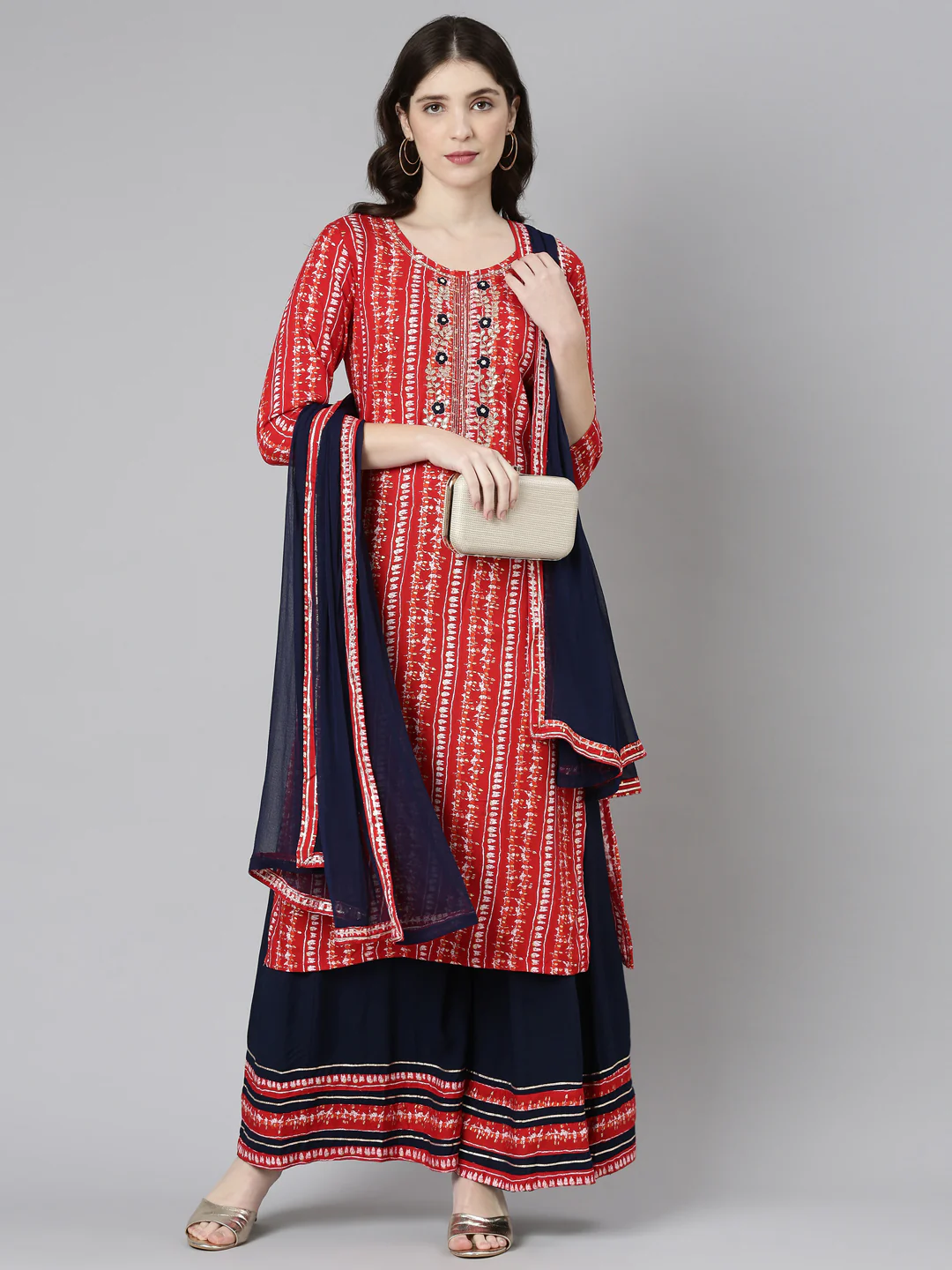 Neerus Red Regular Straight Printed Kurta And Palazzos With Dupatta - Image 5