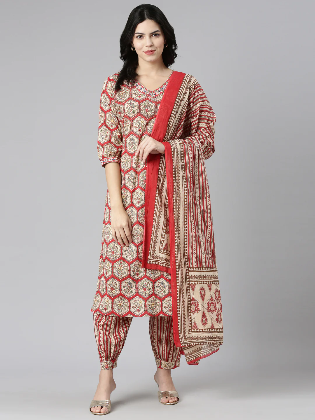Neerus Red Regular Straight Printed Kurta And Salwar With Dupatta - Image 5