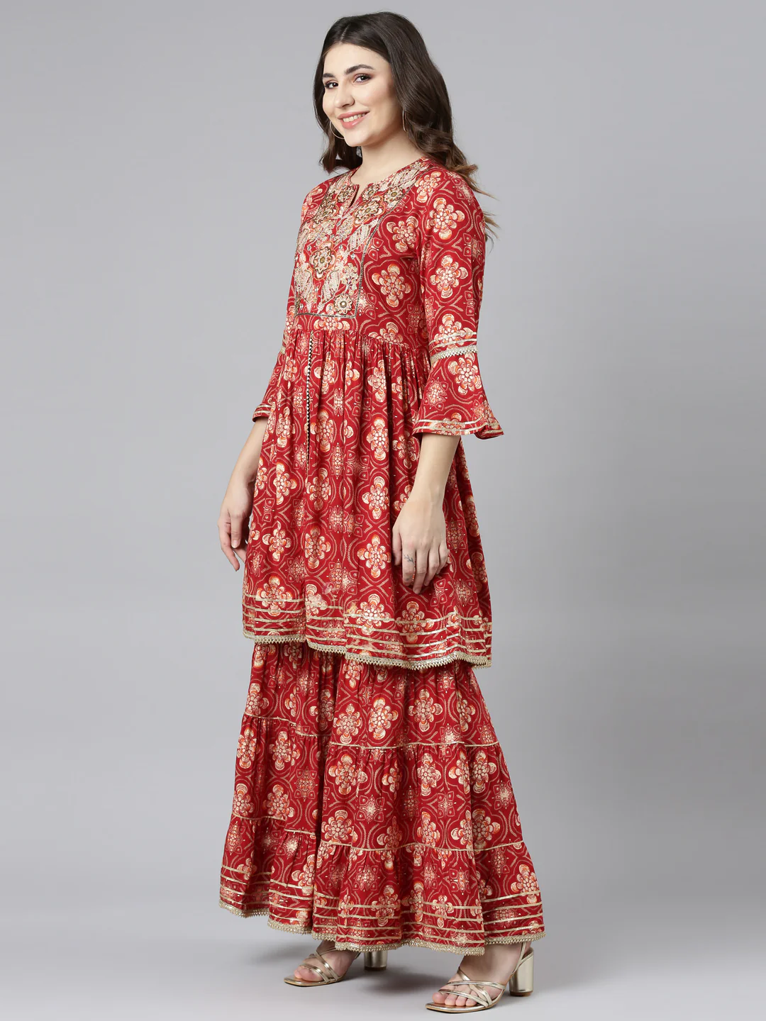 Neerus Red Regular Straight Printed Kurta And Sharara With Dupatta - Image 2