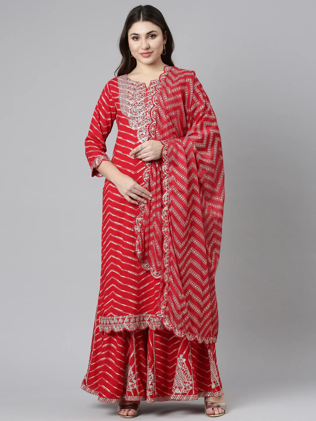 Neerus Red Regular Straight Printed Kurta And Sharara With Dupatta