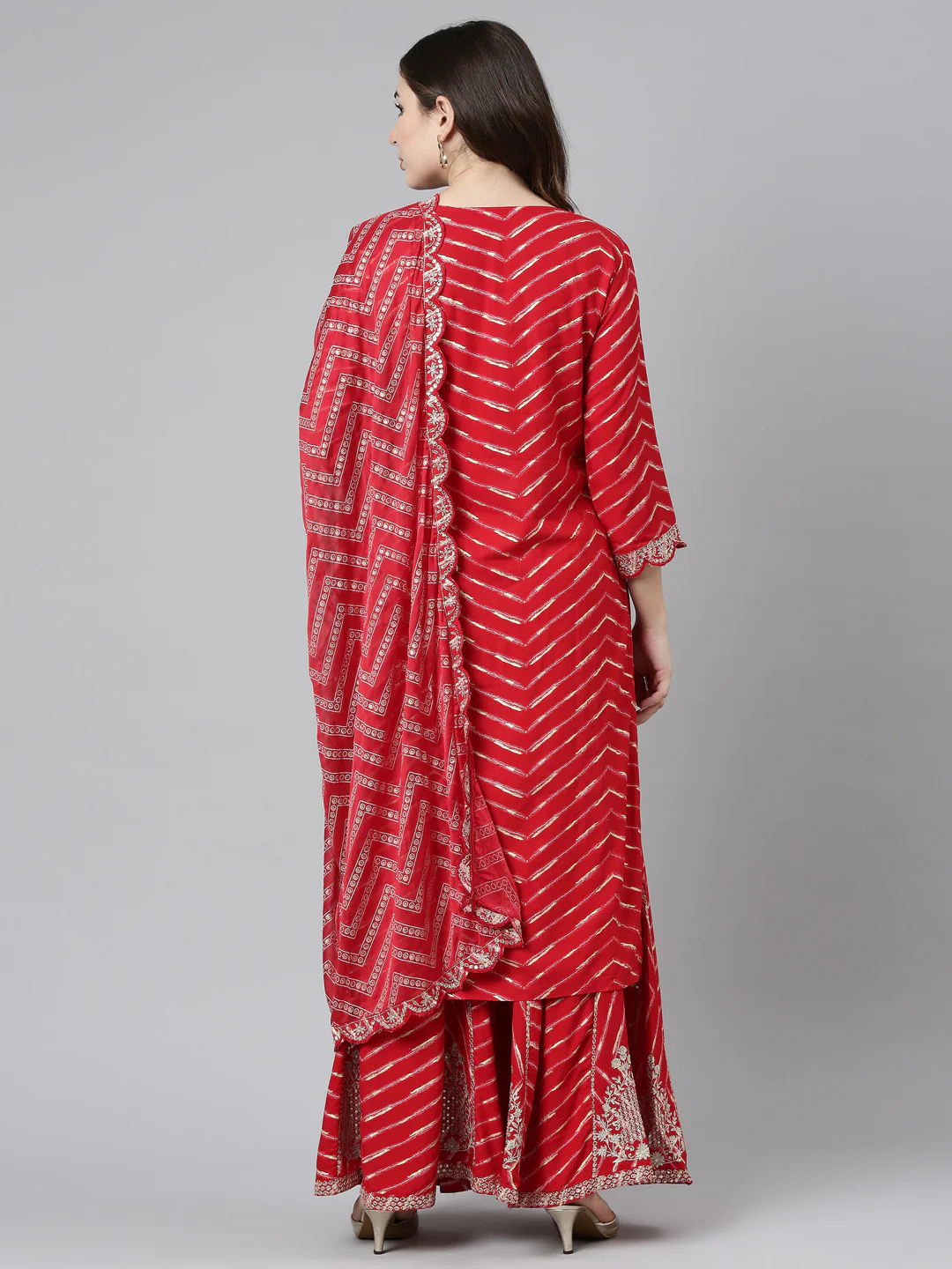 Neerus Red Regular Straight Printed Kurta And Sharara With Dupatta - Image 3