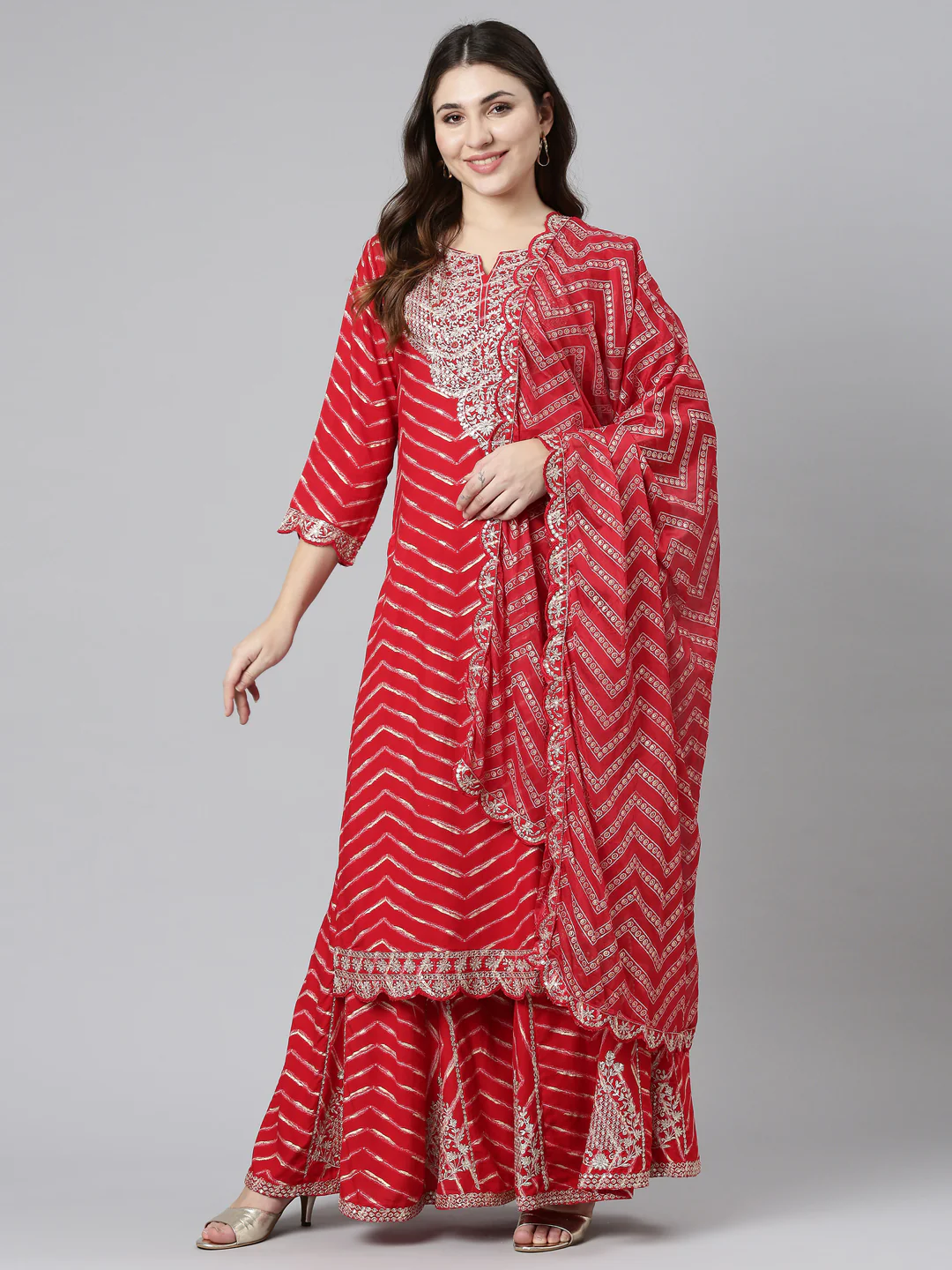 Neerus Red Regular Straight Printed Kurta And Sharara With Dupatta - Image 5