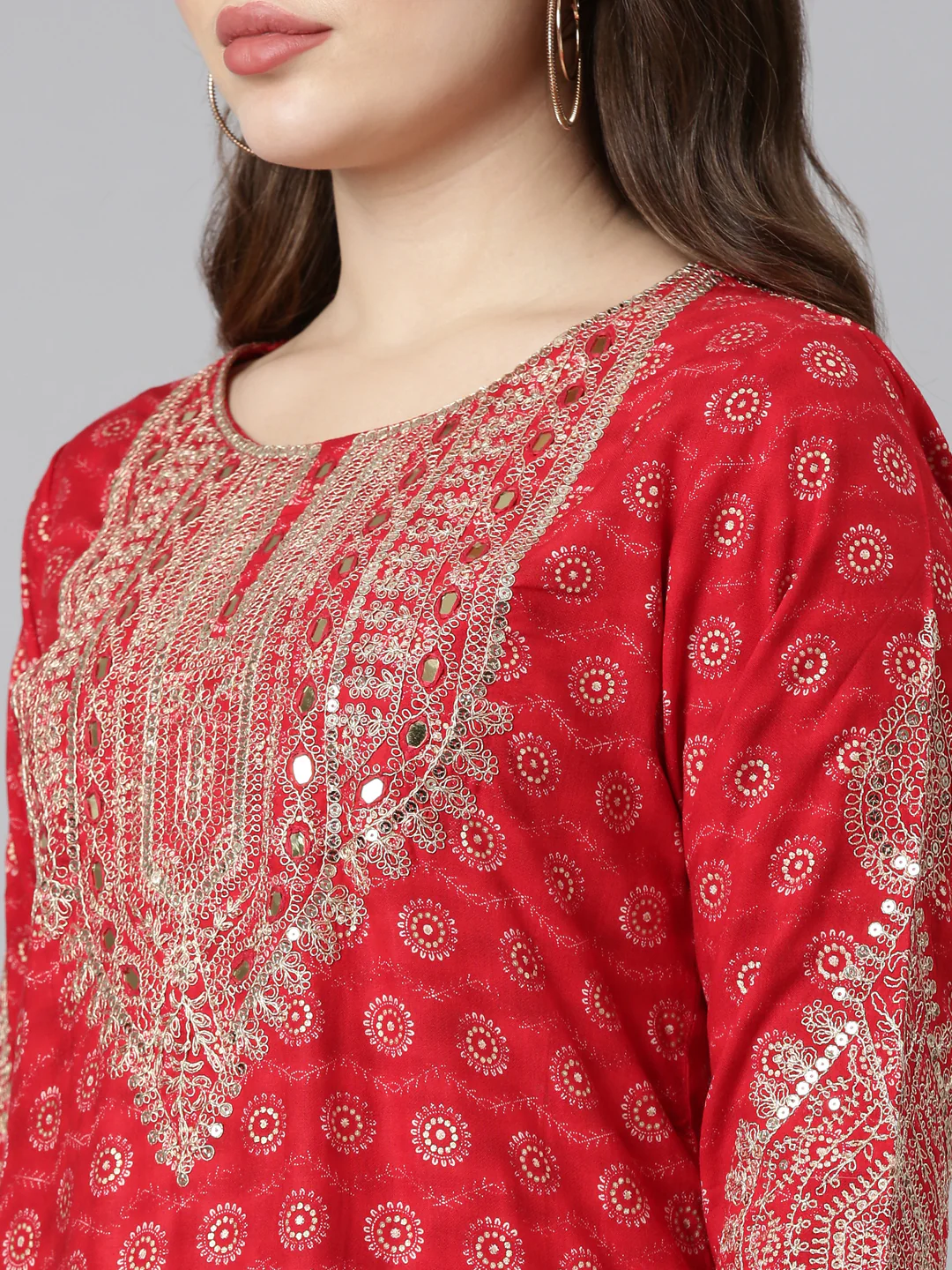 Neerus Red Regular Straight Printed Kurta And Sharara With Dupatta - Image 4
